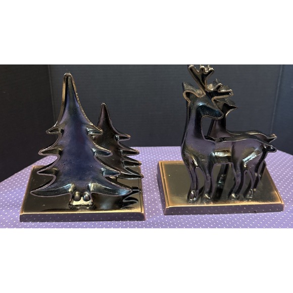 Christmas Tree Stocking Deer Stag Doe Hanger Holders Set‎ Of 2 Bronze Color